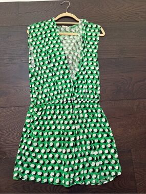 Diane Von Furstenberg Green, Black and White Printed Swim Coverup Romper